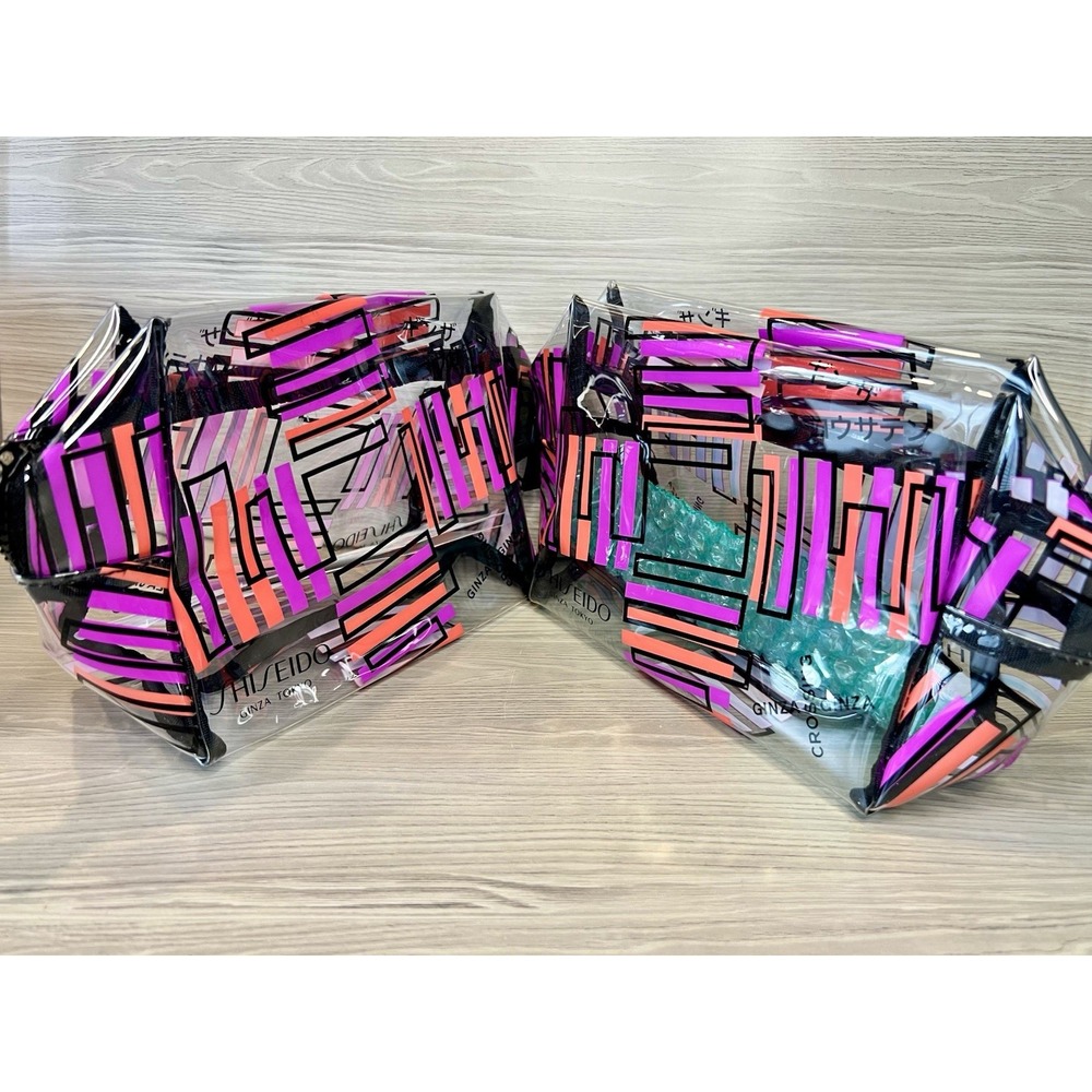 2 GINZA TOKYO SHISEIDO CLEAR PRINTED RECTANGULAR COSMETIC MAKEUP BAG 7"x 6"x 3"